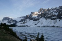 Usually a bright turquise, the late sun and lingering ice make this shot of Bow Lake  look more like winter than the beginning of June.