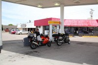 Our first fuel stop after about 150 miles.  Randy's new K1300GT and Michelle's new K1300S were running fine and we were already getting very comfortable on them.  The new Streetguard riding pants and jackets were comfortable.